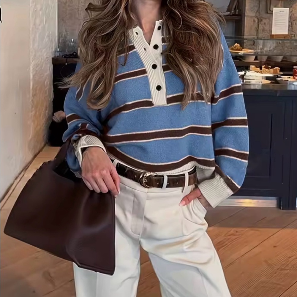 Retro Striped sweater Collar Knitted  Loose